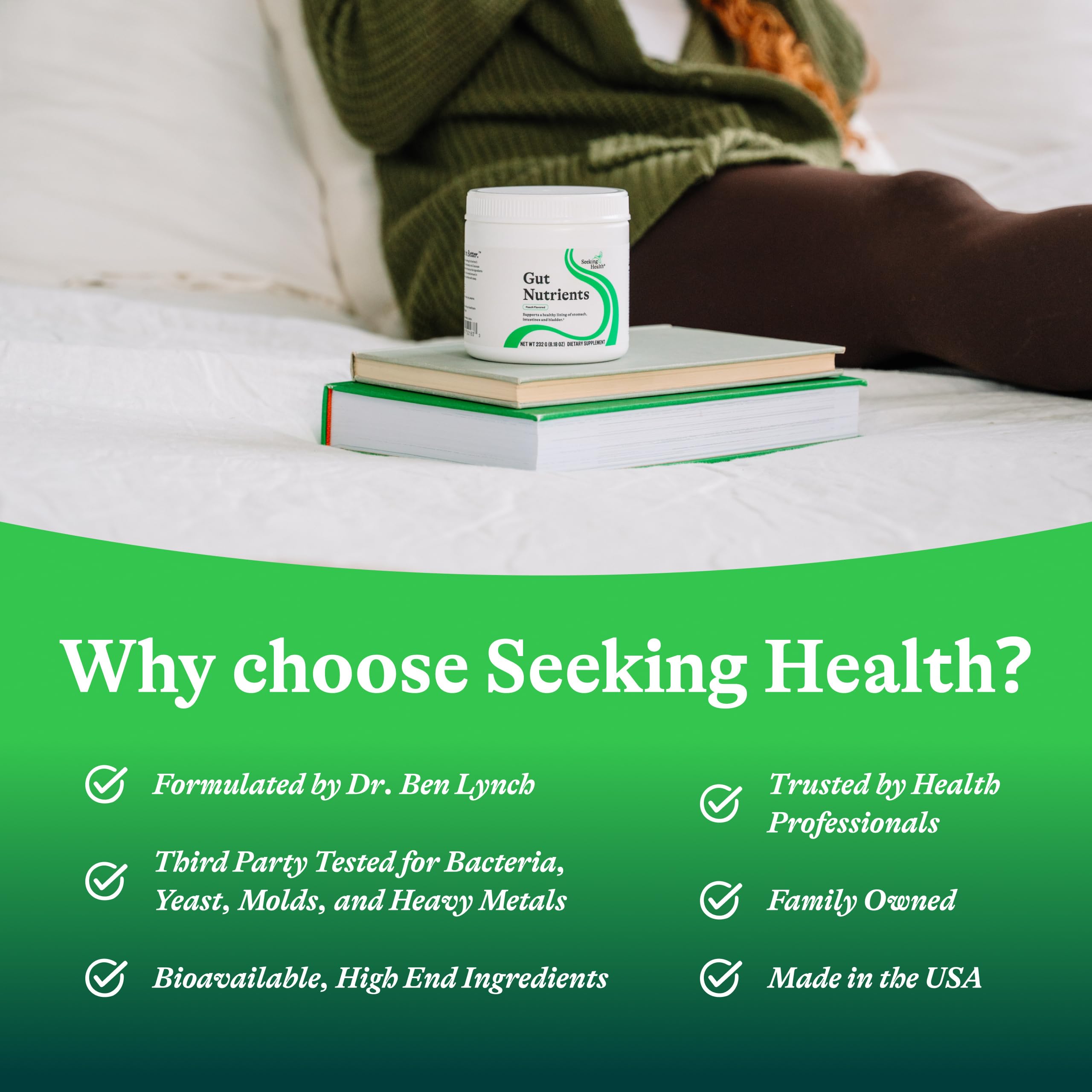 Seeking Health Optimal GI Plus peach powder beside a spoon emphasizes zinc and glutamine benefits.