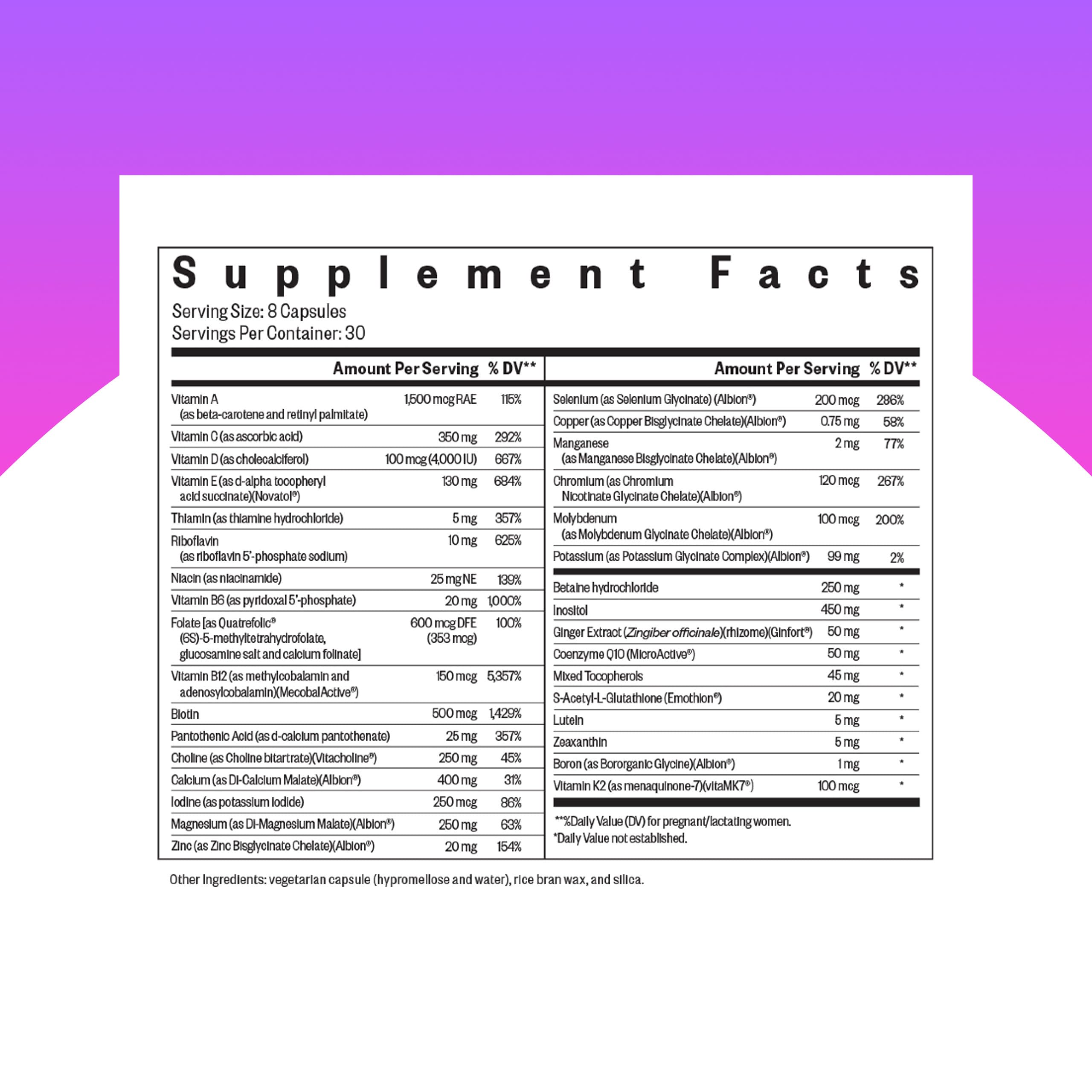 Seeking Health Optimal Prenatal label close-up shows complete prenatal nutrition support