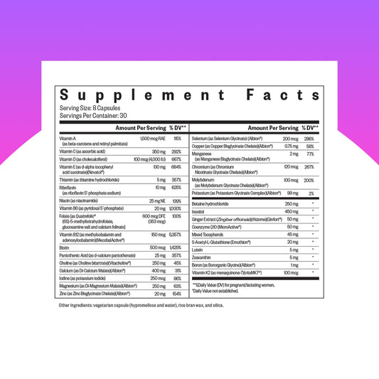 Seeking Health Optimal Prenatal label close-up shows complete prenatal nutrition support