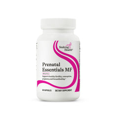 Seeking Health Prenatal Essentials MF bottle front shows methyl-free prenatal formula for expectant moms.
