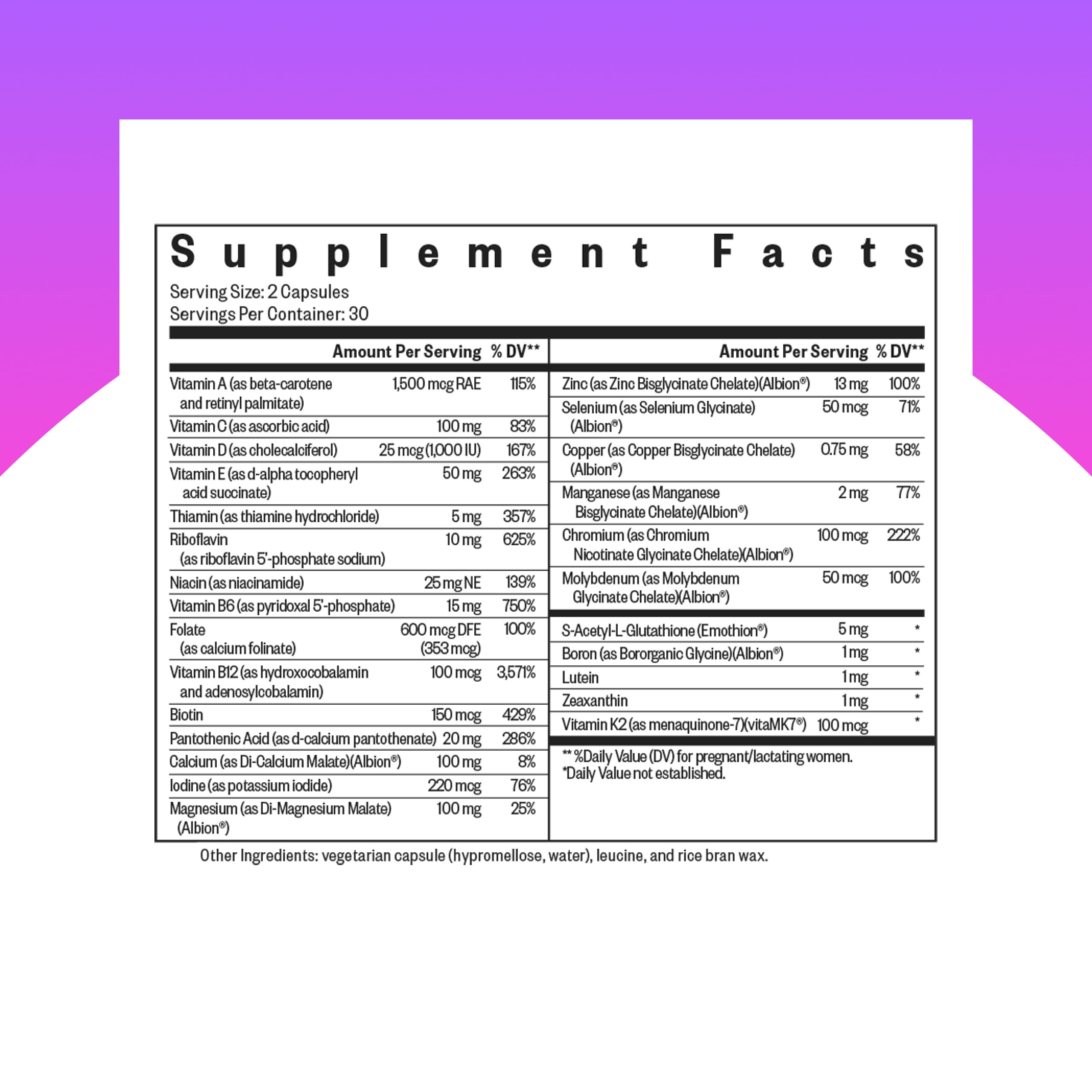 Seeking Health Prenatal Essentials MF capsules close-up highlights vegetarian methyl-free capsules.