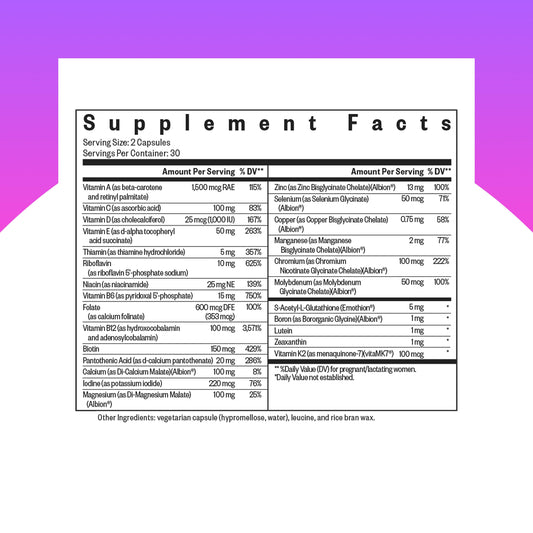 Seeking Health Prenatal Essentials MF capsules close-up highlights vegetarian methyl-free capsules.