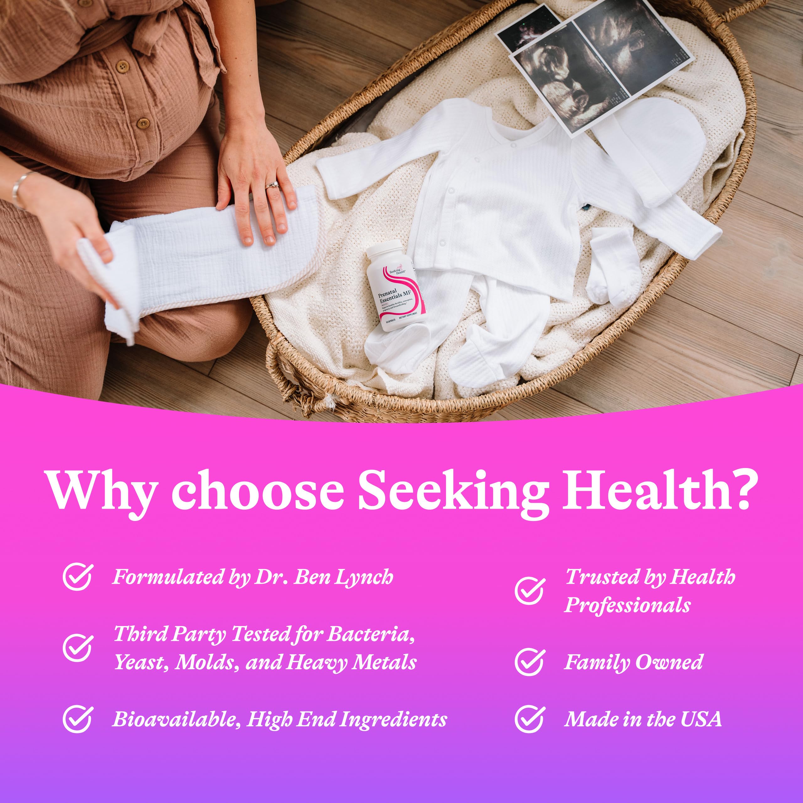 Seeking Health Prenatal Essentials MF packaging design emphasizes quality and safety.