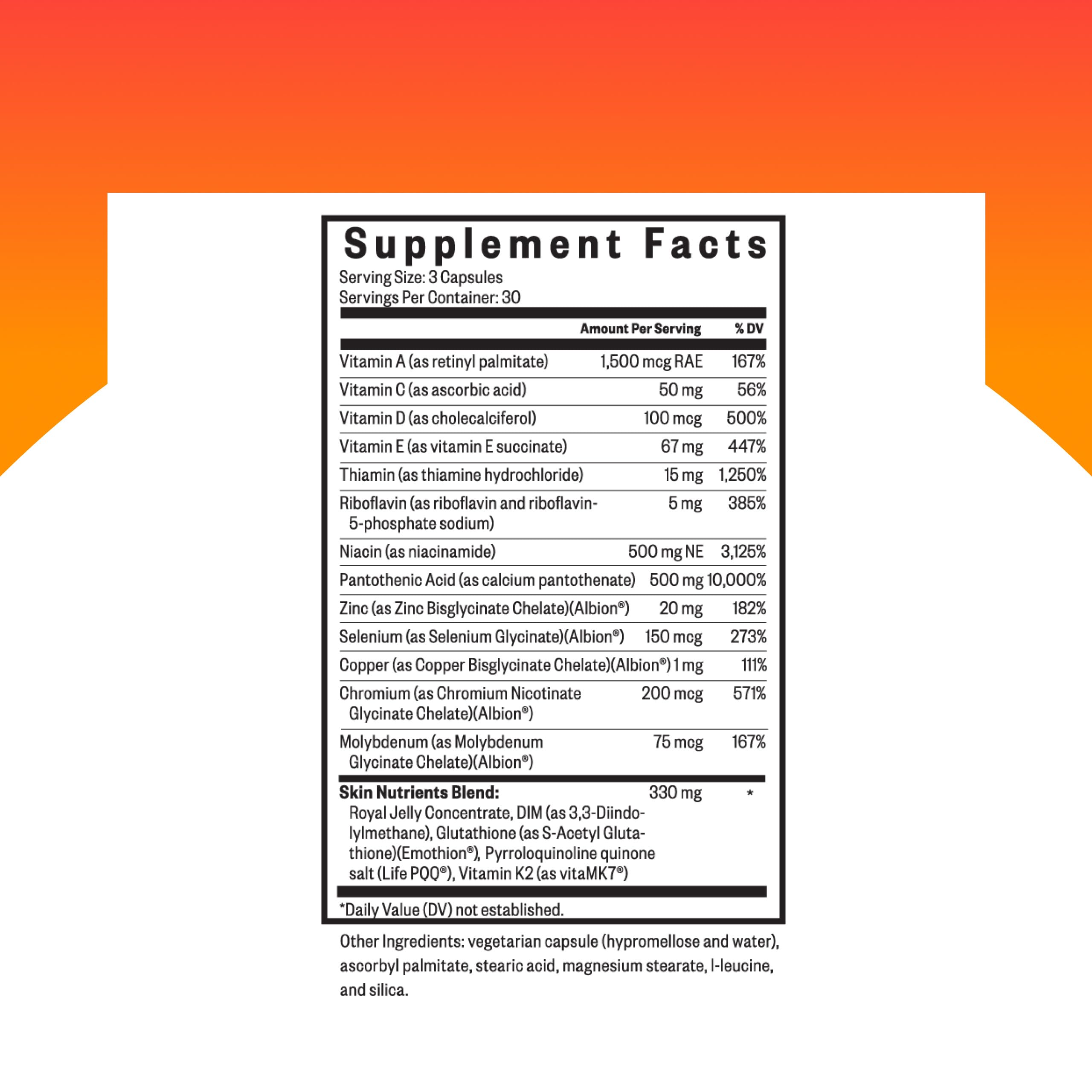 Close-up of Seeking Health Skin Nutrients label highlighting ingredients