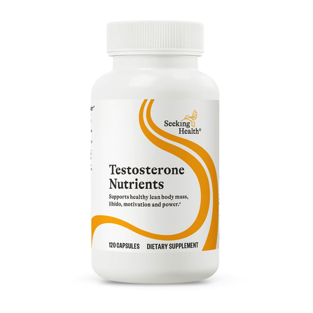 Seeking Health Testosterone Nutrients bottle view promotes balanced hormones for daily vitality.