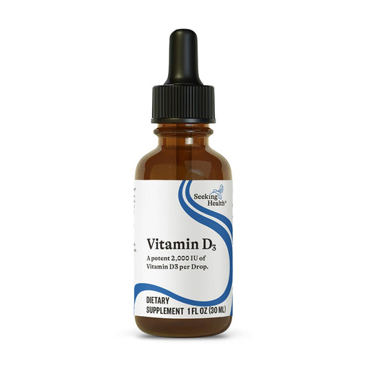 Seeking Health Vitamin D3 Drops bottle close-up for daily bone support.