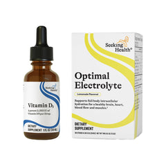 Seeking Health Vitamin D3 Drops family-use bottle on kitchen shelf.
