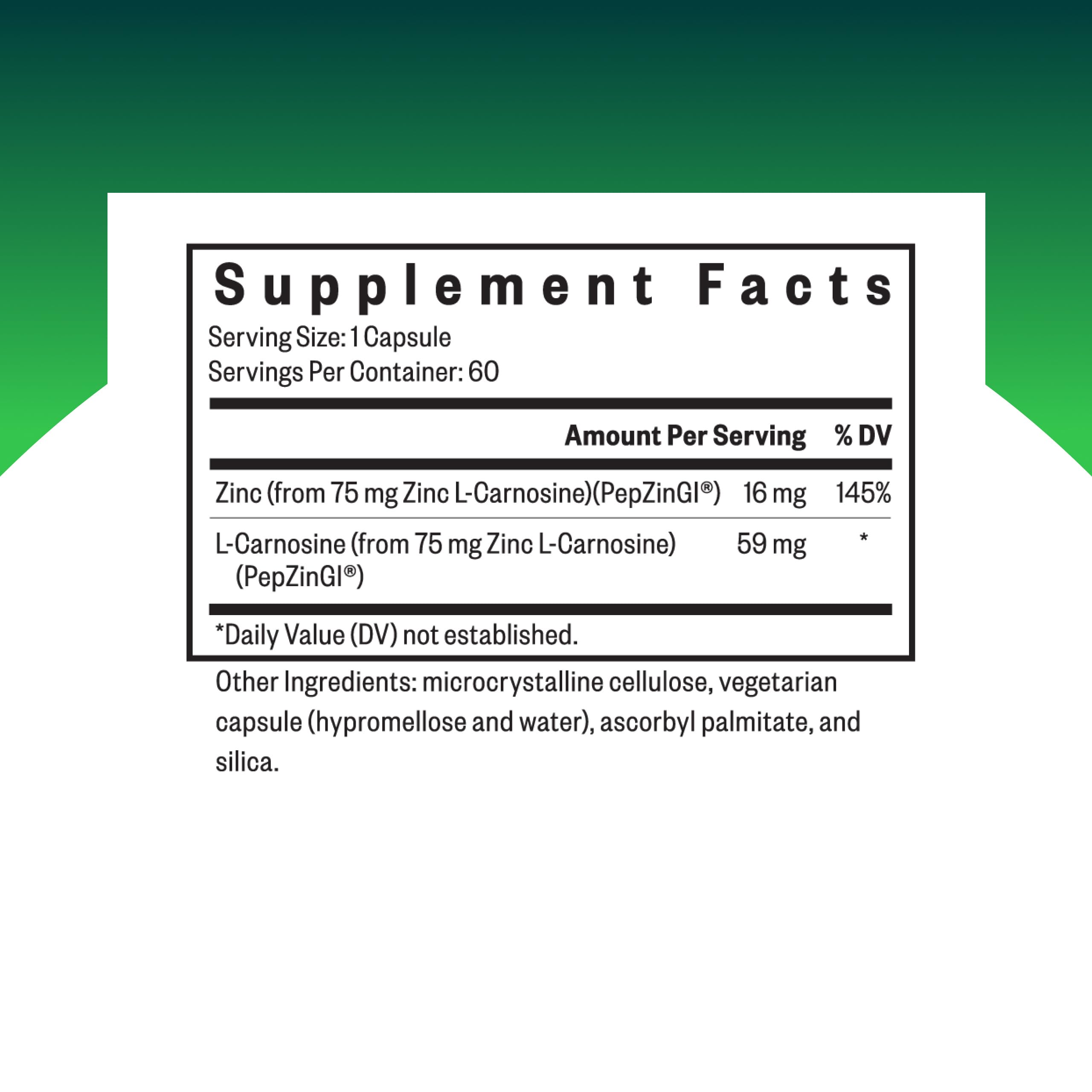 Seeking Health Zinc Carnosine bottle label highlights vegan capsules for everyday wellness