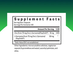 Seeking Health Zinc Carnosine bottle label highlights vegan capsules for everyday wellness
