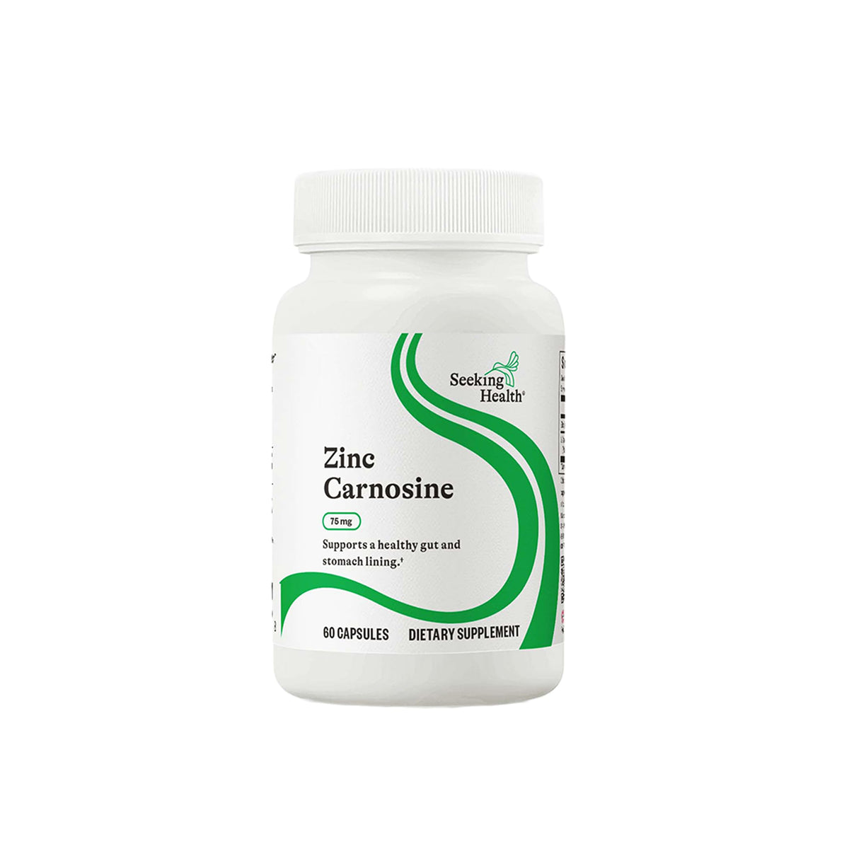 Seeking Health Zinc Carnosine bottle shows allergen-free formula for digestive health