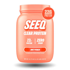 SEEQ Juicy Peach bottle showing a refreshing zero sugar protein option for workouts.