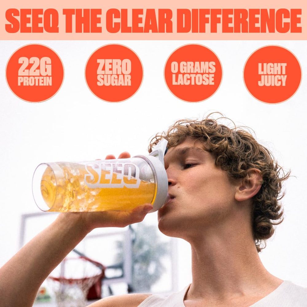 SEEQ Juicy Peach glass served shake ideal for post-workout refuel.