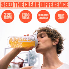 SEEQ Juicy Peach glass served shake ideal for post-workout refuel.