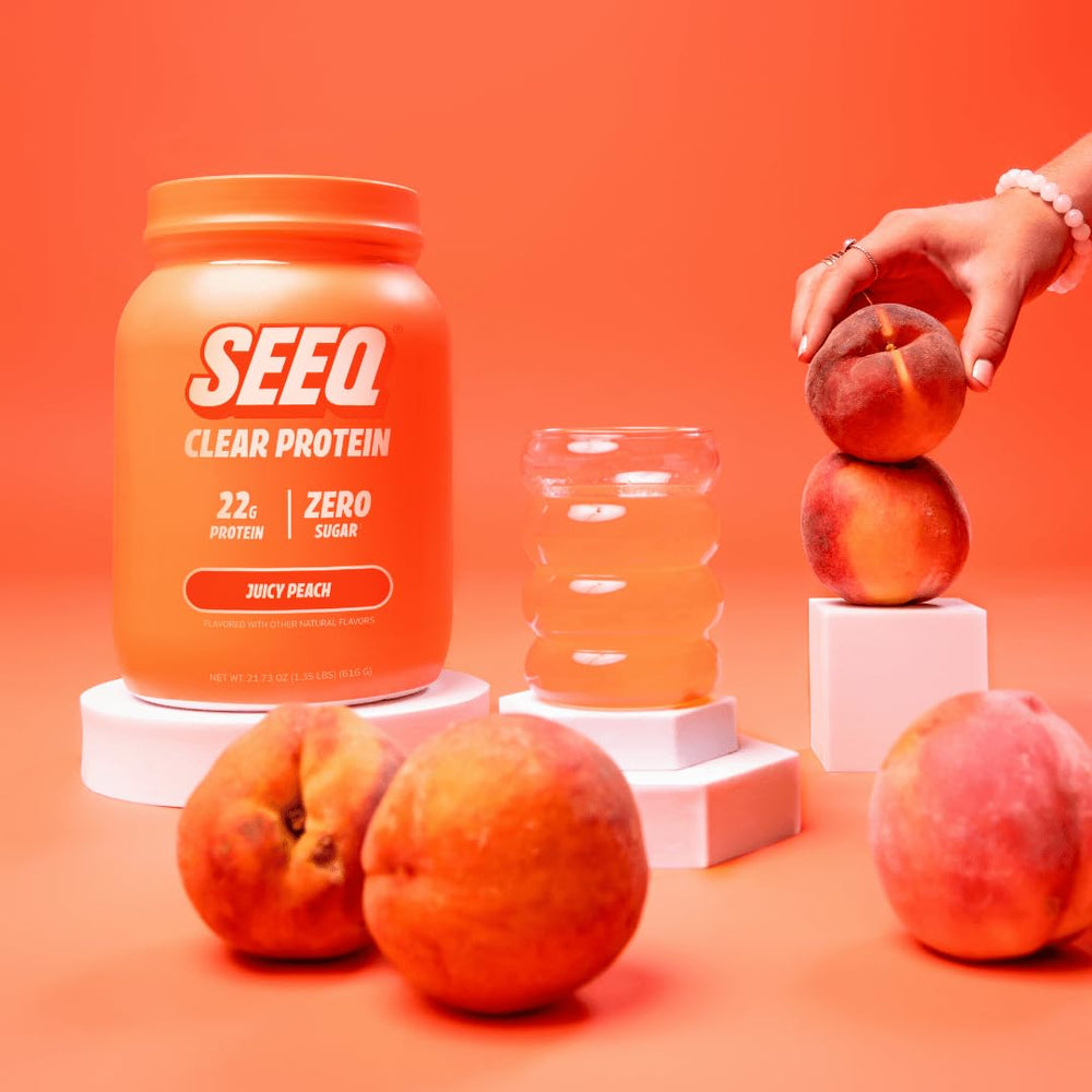 SEEQ Juicy Peach mixer demonstrates quick 30-second shake for on-the-go use.