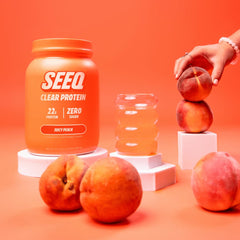 SEEQ Juicy Peach mixer demonstrates quick 30-second shake for on-the-go use.