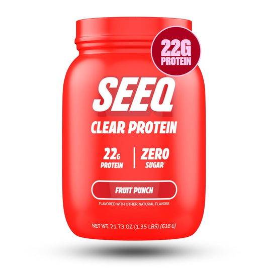 SEEQ Clear Whey Isolate Fruit Punch bottle shows a refreshing, sugar-free protein option