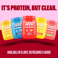 SEEQ Clear Whey Isolate Fruit Punch ingredient panel shows zero sugar and gluten-free notes