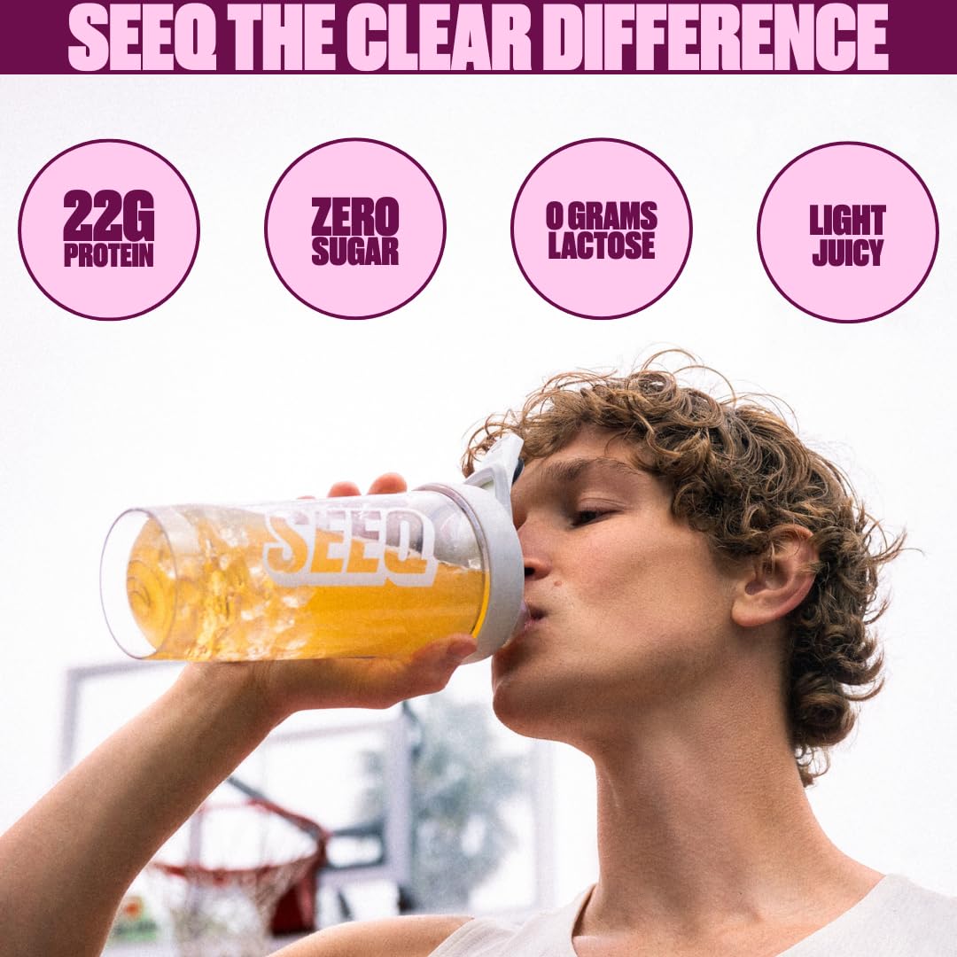 SEEQ Clear Whey Isolate Fruit Punch shake glass highlights light post-workout hydration