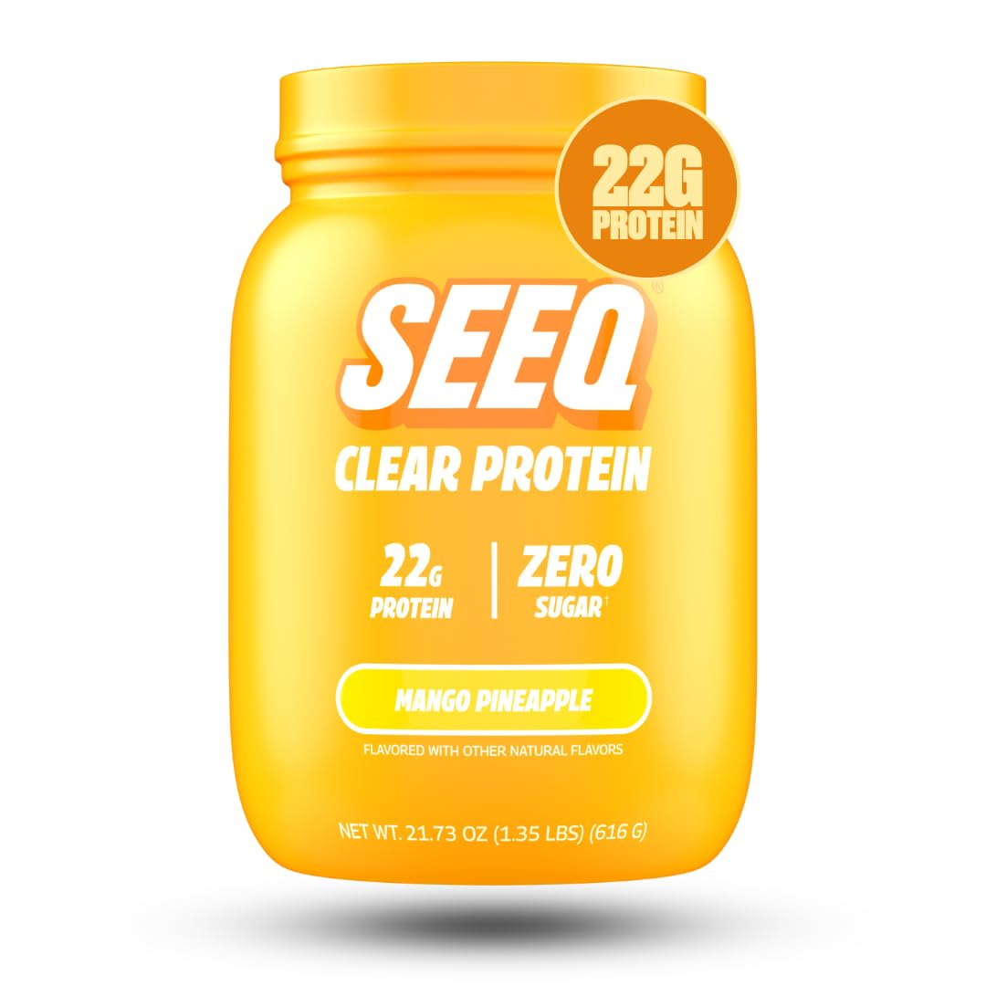 SEEQ Clear Whey Isolate Mango Pineapple bottle pour for a refreshing post-workout sip