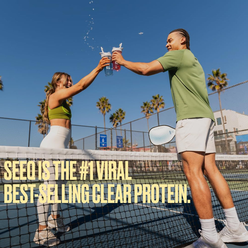 SEEQ Clear Whey Isolate Mango Pineapple serving scene with juice-like shake
