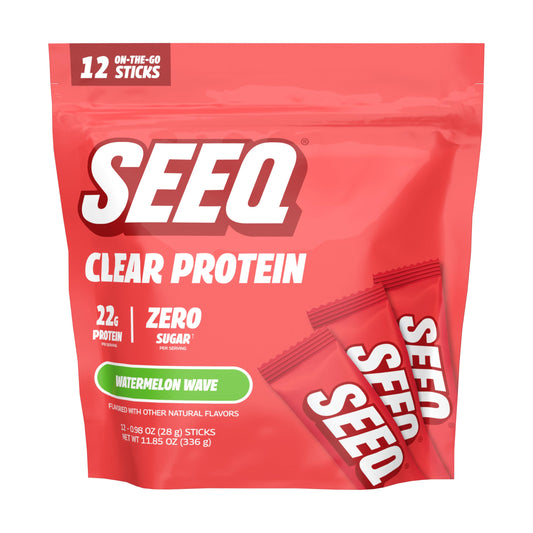 SEEQ Clear Whey Watermelon Wave bottle pour shows a juice-like post-workout option with zero sugar.