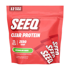 SEEQ Clear Whey Watermelon Wave bottle pour shows a juice-like post-workout option with zero sugar.