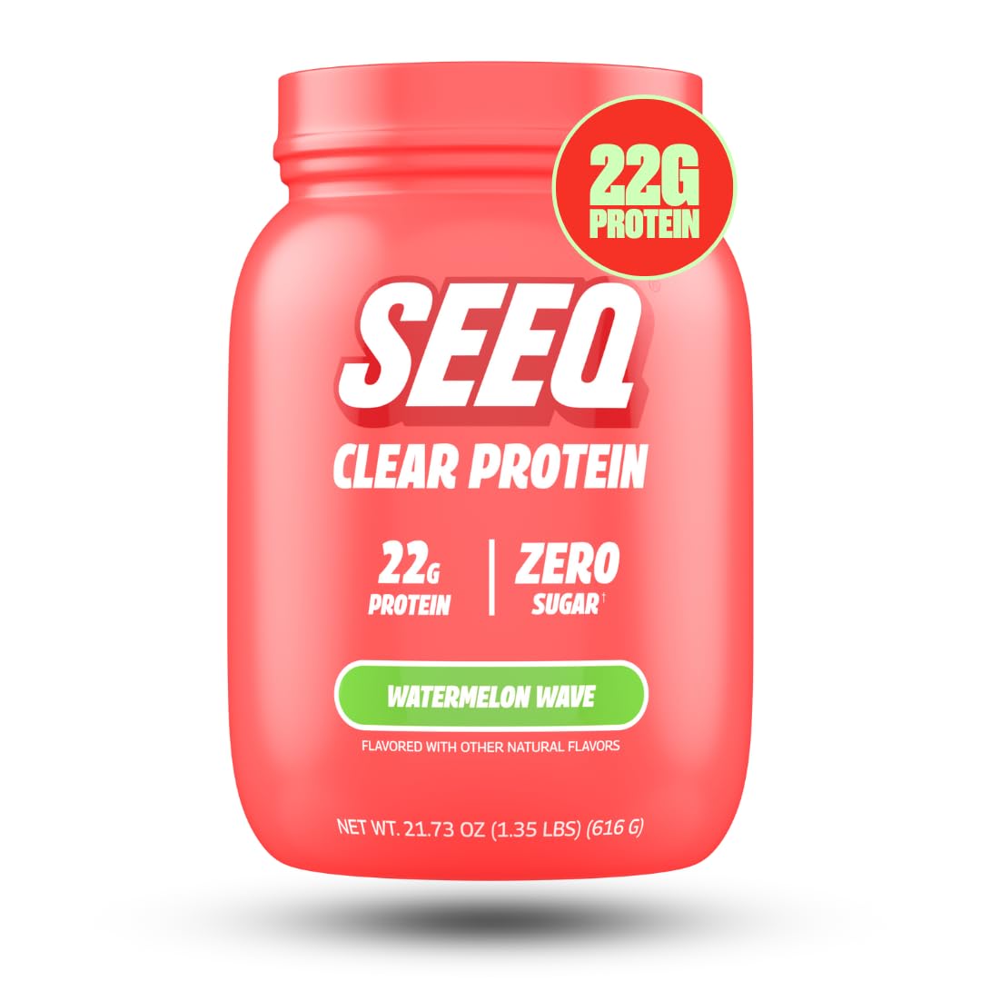 SEEQ Clear Whey Watermelon Wave bottle shows refreshing protein on the go for post-workout hydration.