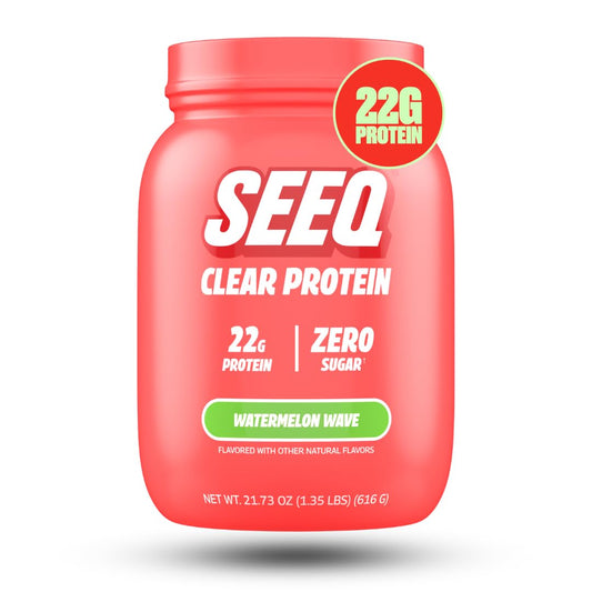 SEEQ Clear Whey Watermelon Wave bottle shows refreshing protein on the go for post-workout hydration.