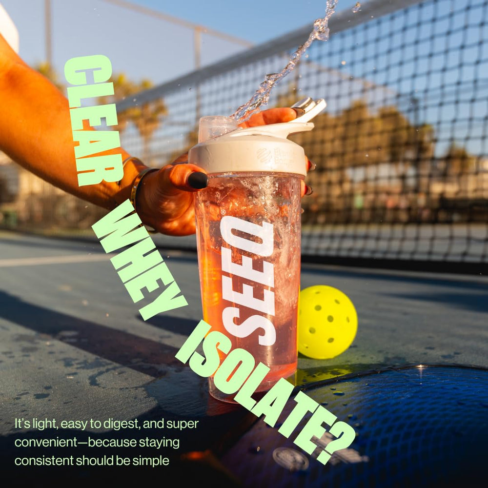 SEEQ Watermelon Wave glass with ice shows refreshing, sugar-free protein drink.