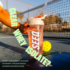SEEQ Watermelon Wave glass with ice shows refreshing, sugar-free protein drink.