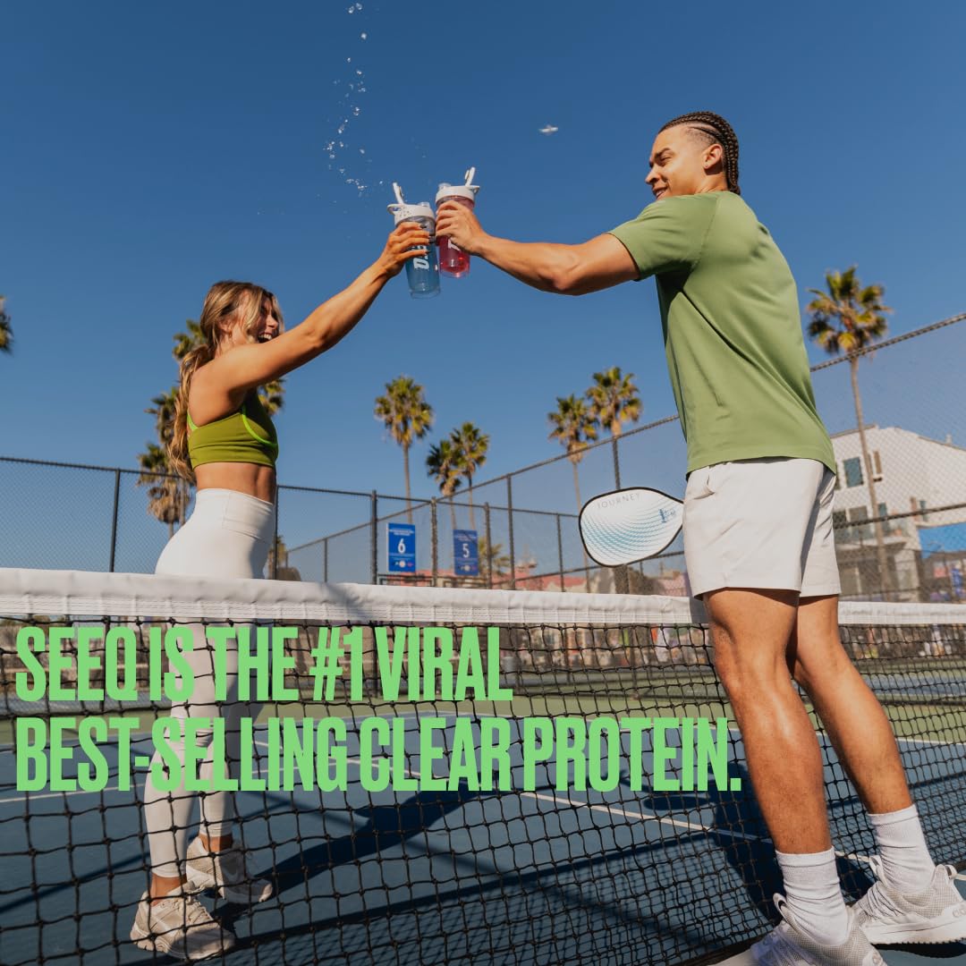 SEEQ Clear Whey Watermelon Wave tub with nutrition info underlines 22g protein.