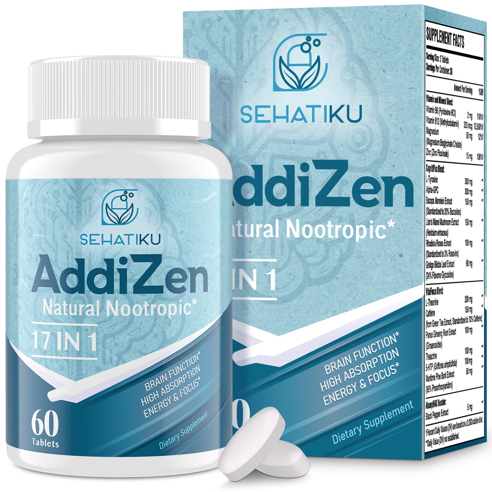 SehatiKu 17in1 brain supplement bottle front, sleek packaging for daily focus.