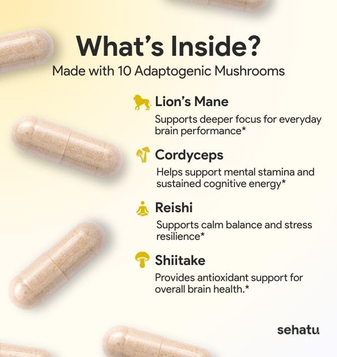 SEHATU Clarity Plus capsules closeup showing the mushroom blend capsules