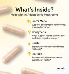 SEHATU Clarity Plus capsules closeup showing the mushroom blend capsules