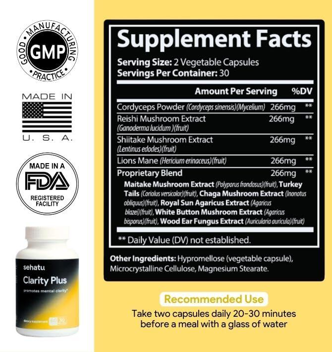 SEHATU Clarity Plus label detail highlighting Cordyceps and Lion's Mane ingredients