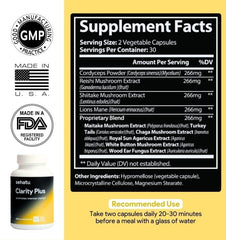 SEHATU Clarity Plus label detail highlighting Cordyceps and Lion's Mane ingredients