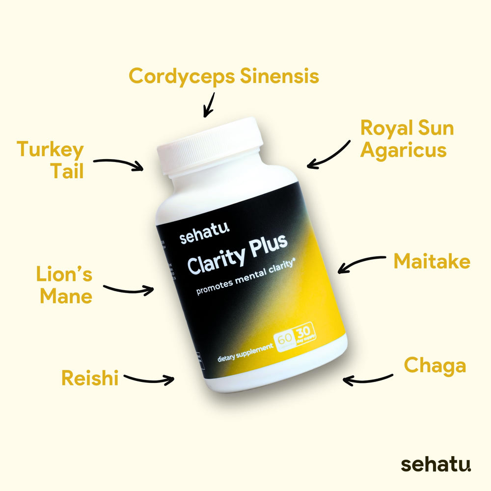 SEHATU Clarity Plus mushroom blend illustration suggesting adaptogenic support
