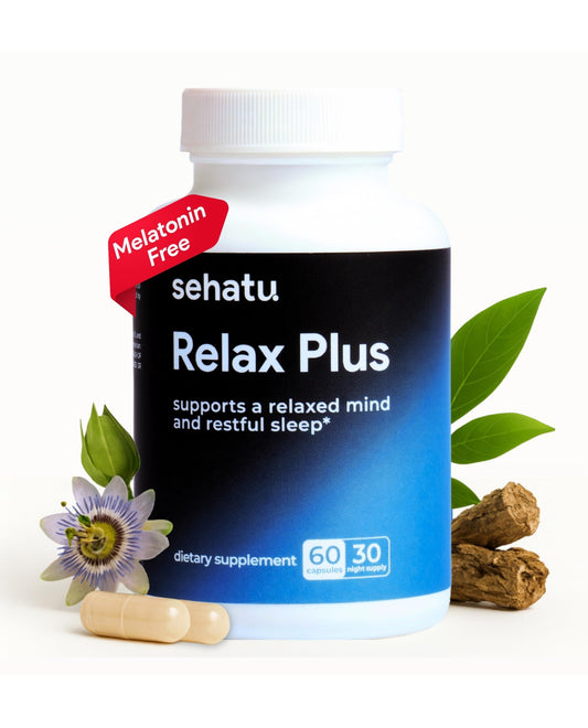 SEHATU Relax Plus bottle front showing label and brand name for calm evenings