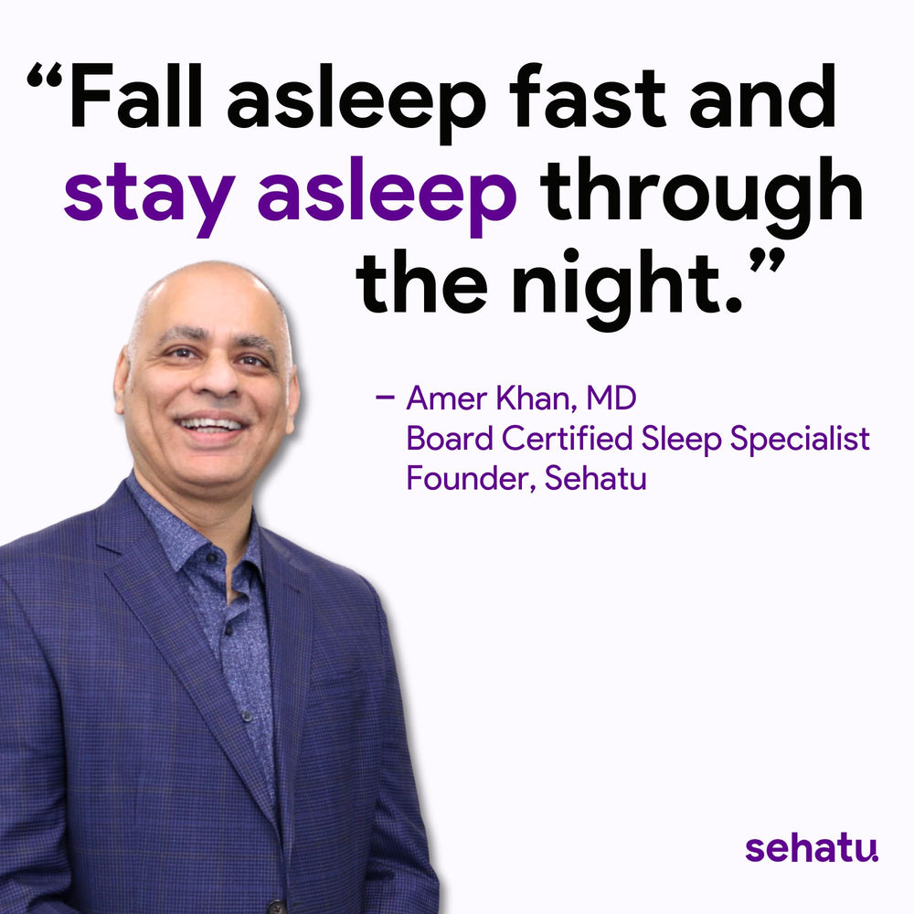 SEHATU Sleep Plus bottle on bedside table at night.