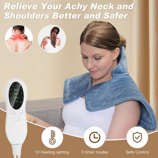 SEISSO heating pad blue shoulder wrap contouring around neck and back for comfort