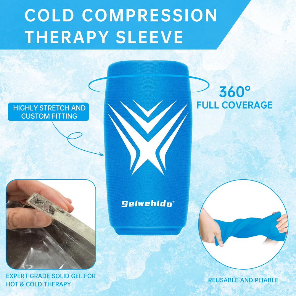 SEIWEHIDO knee-compression-wrap-in-use offers hands-free cold therapy.