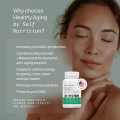 Self Nutrition Healthy Aging vegan symbol on bottle signals plant-based wellness option