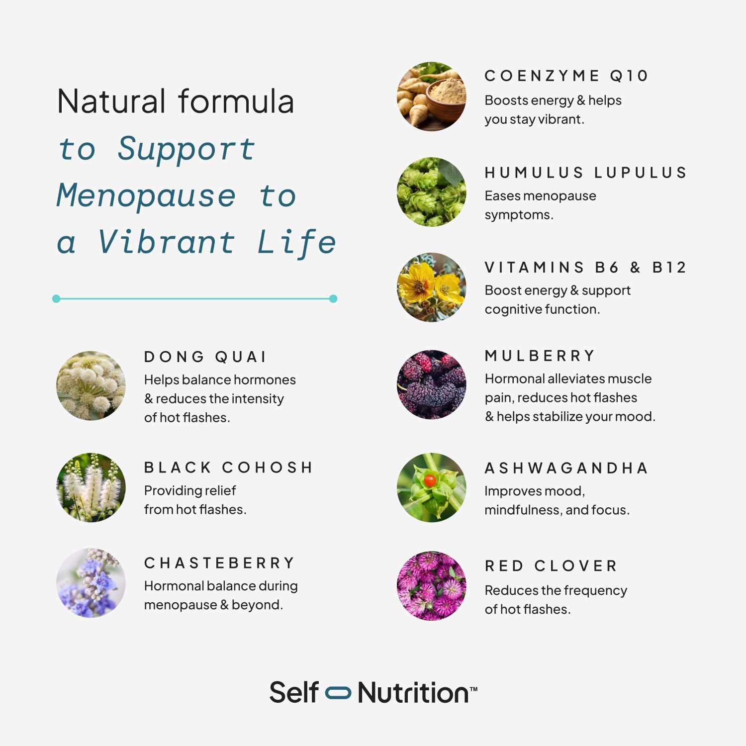 Self Nutrition Menopause bottle pour demonstrates convenient twice-daily intake.