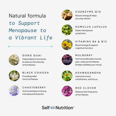 Self Nutrition Menopause bottle pour demonstrates convenient twice-daily intake.