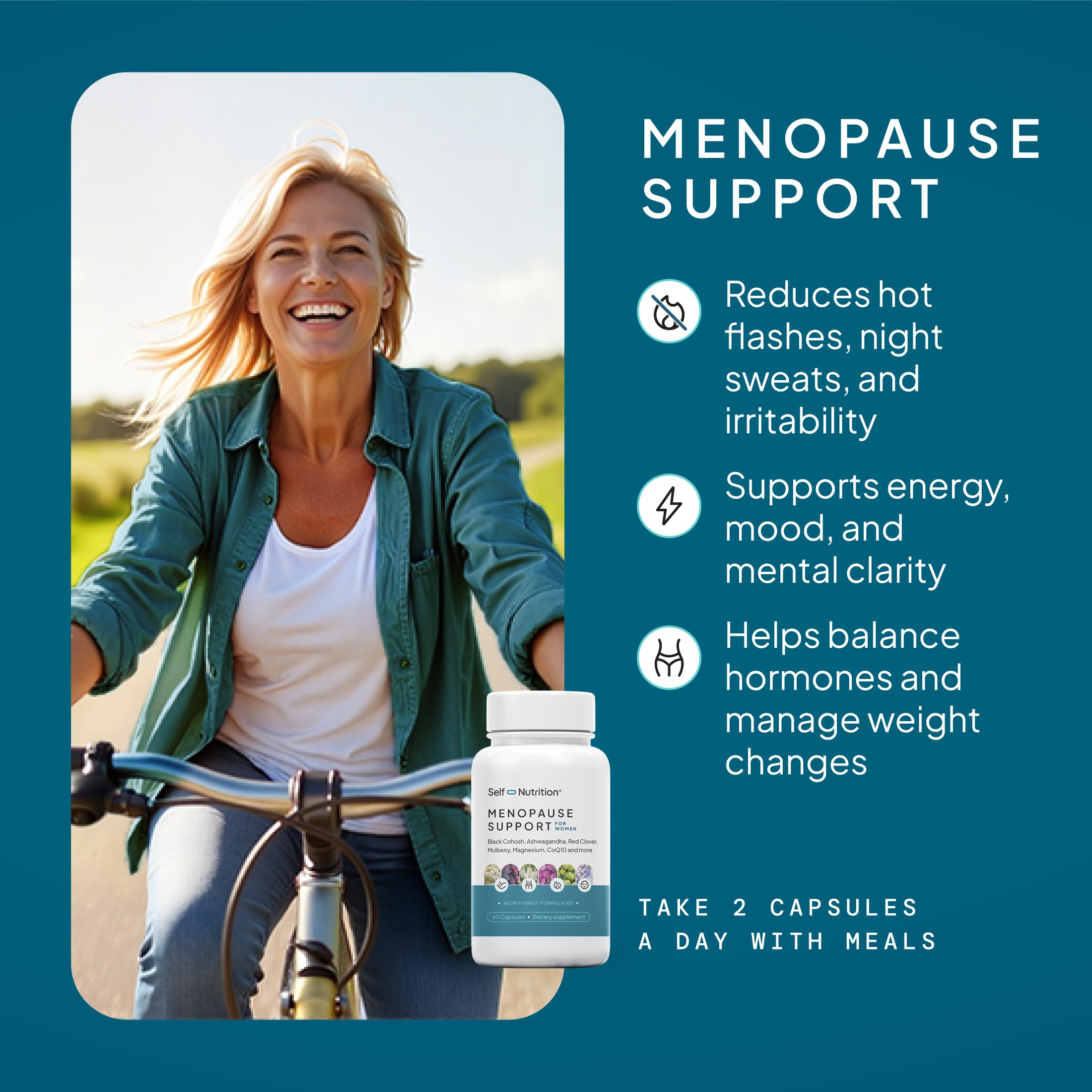 Self Nutrition Menopause capsules closeup highlights easy daily dosage.