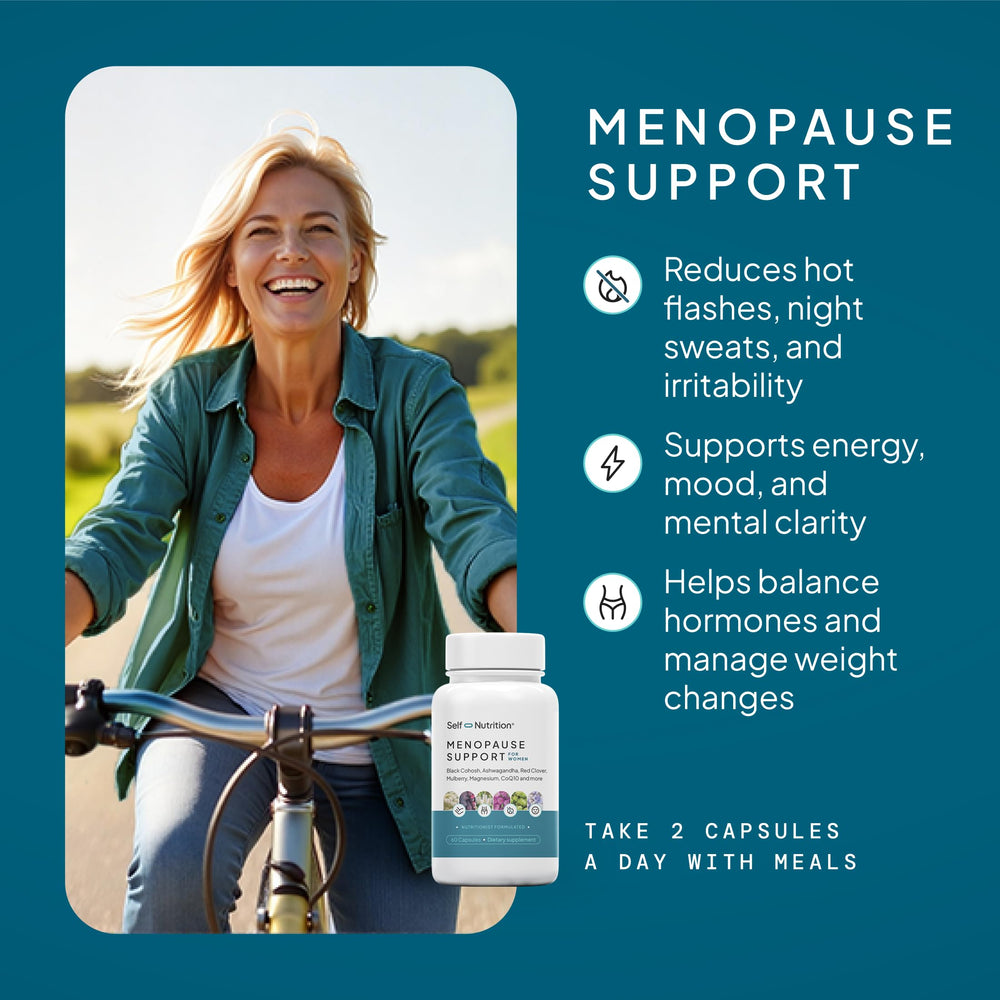 Self Nutrition Menopause capsules closeup highlights easy daily dosage.
