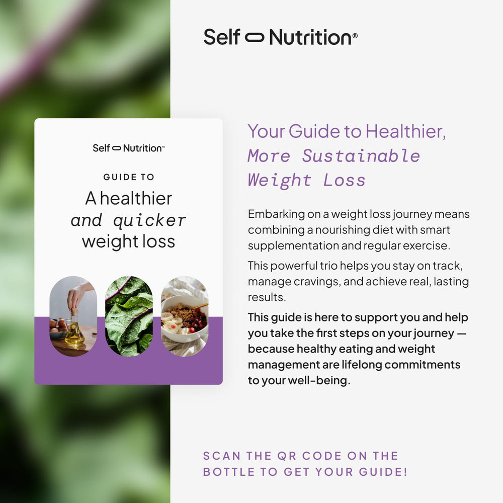 SELF NUTRITION vegan caffeine-free icons indicate clean weight loss options.