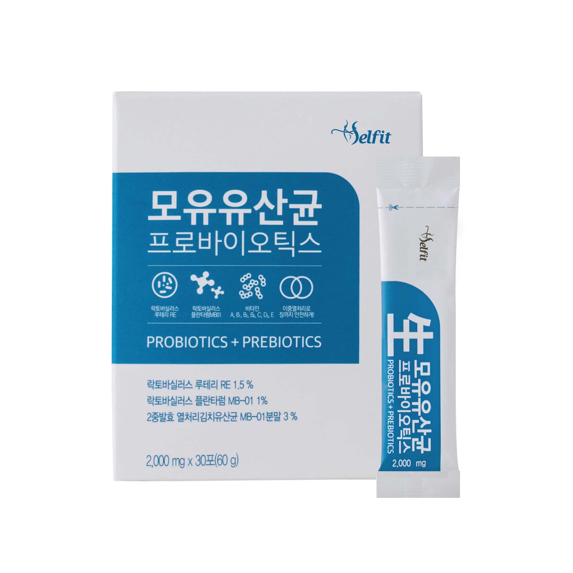 Selffit Breast Milk Probiotics packaging shows a convenient 30-stick box for daily use.