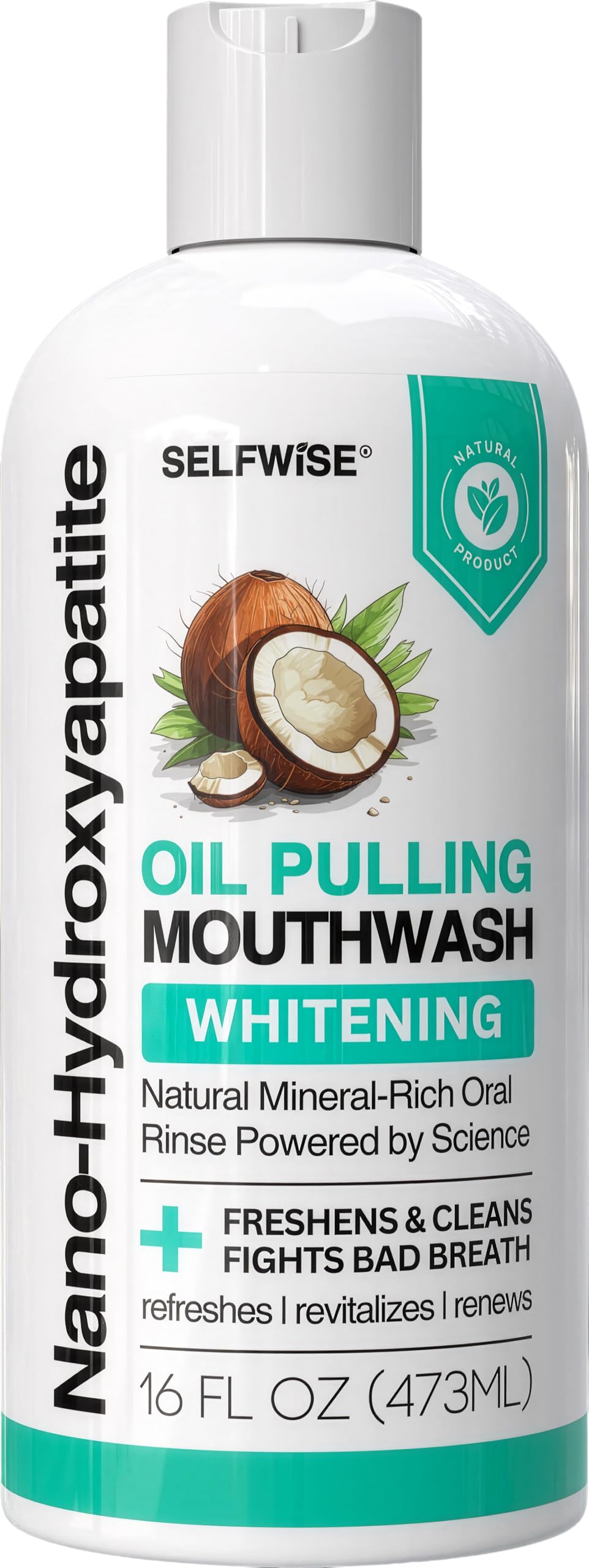 SelfWise nano-hydroxyapatite oil pulling mouthwash bottle ready for daily enamel care.