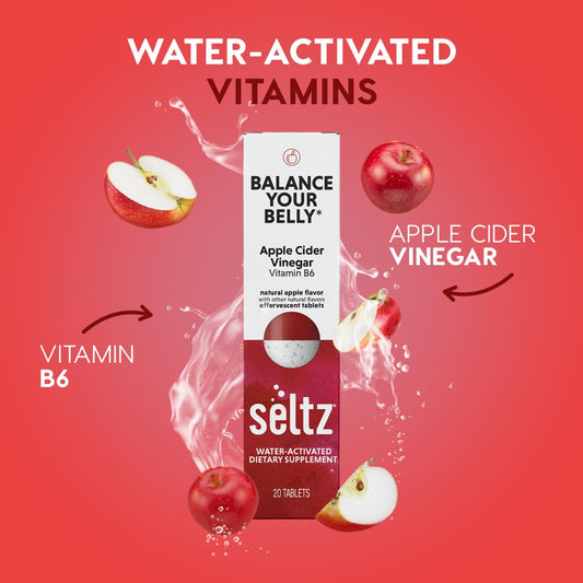 Seltz Balance Your Belly apple-flavored drink in a glass for refreshing daily intake